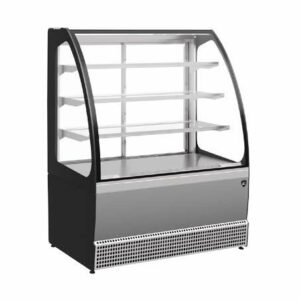 Vitrine pâtisserie luxe inox réfrigérée avec éclairage LED et vitres panoramiques.