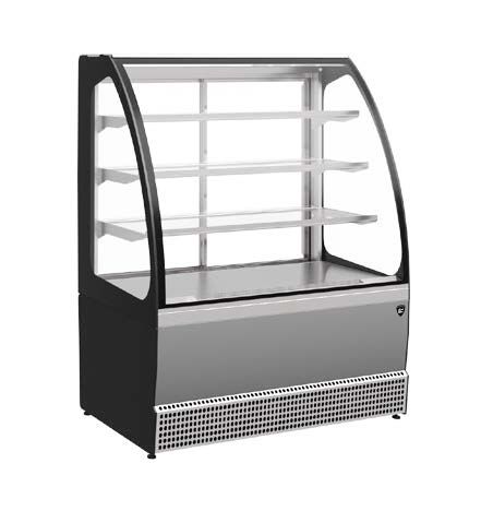 Vitrine pâtisserie luxe inox réfrigérée avec éclairage LED et vitres panoramiques.