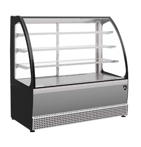 Vitrine pâtisserie luxe noir réfrigérée avec éclairage LED et vitres panoramiques.