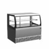 Comptoir pâtisserie caisse luxe en acier inoxydable avec vitrine réfrigérée et éclairage LED.