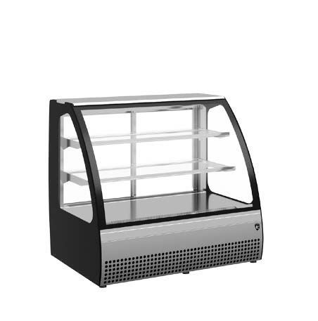 Comptoir pâtisserie tabletop luxe gris mat avec vitrine réfrigérée et éclairage LED pour gâteaux fins.