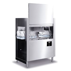 Lave-vaisselle à avancement automatique professionnel en acier inoxydable avec sortie droite et doseur intégré.