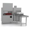 Système de lavage à avancement automatique avec séchoir d'angle et sortie droite en inox.