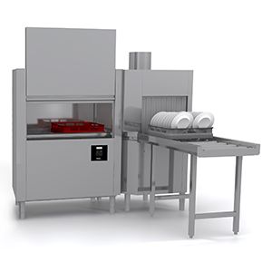 Système de lavage à avancement automatique avec séchoir d'angle et sortie droite en inox.