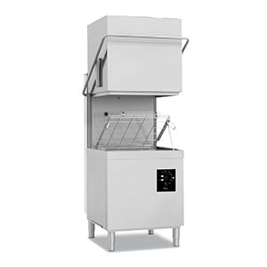Lave-vaisselle industriel à capot Apach AC990DD en acier inoxydable avec doseurs.