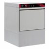 Lave-vaisselle frontal professionnel en acier inoxydable avec commandes numériques.