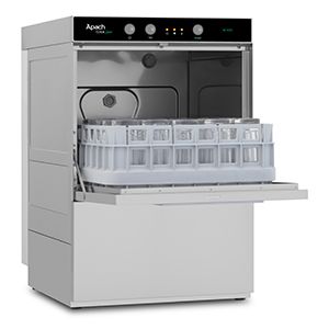 Lave-vaisselle sous comptoir en acier inoxydable avec pompe de vidange intégrée.