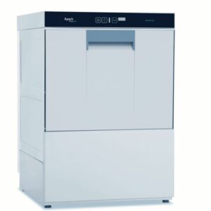 Lave-vaisselle à chargement frontal en inox avec écran digital de contrôle.