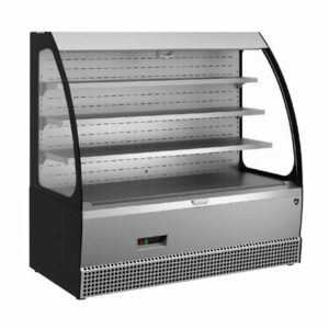Vitrine pâtisserie ouverte noire réfrigérée de luxe pour libre-service avec éclairage LED.