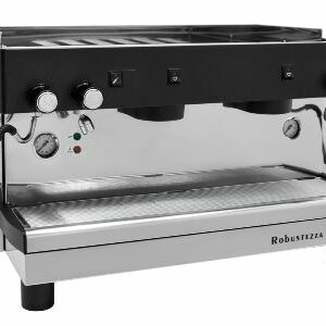 Machine à café semi-automatique professionnelle noire avec groupe haut et système multiphasé.
