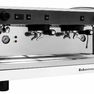 Machine à café semi-automatique professionnelle noire avec groupe de distribution haut et système multiphasé.
