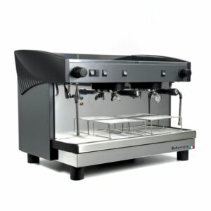 Machine à café semi-automatique professionnelle noire avec groupe de distribution haut et système multiphasé.