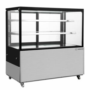 Vitrine verticale noire 470L Hurakan réfrigérée avec porte vitrée et éclairage LED pour boissons.
