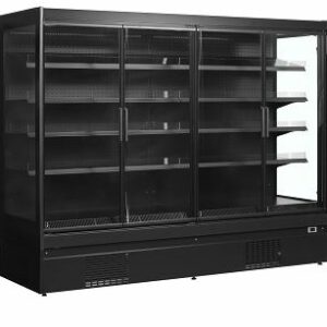 Arrière-bar réfrigéré 250cm en inox avec 4 portes pour stockage de boissons professionnel.